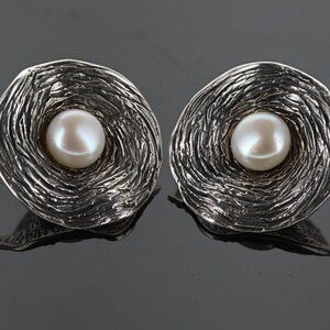 Designer Hagit Gorali Israel Sterling Silver 925 Pearl Abstract Circle Studs